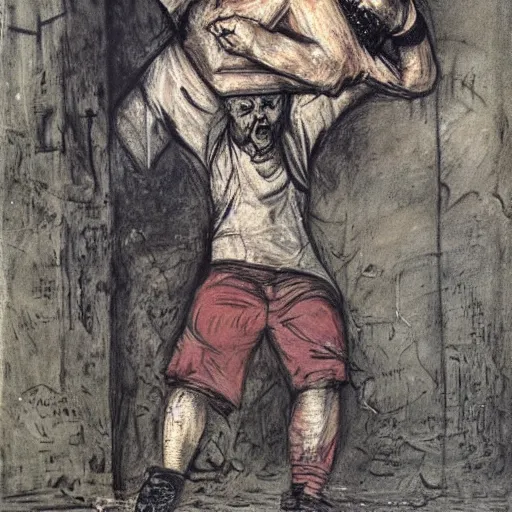 Image similar to Street art. A man with a large head and a small body is floating in the air, his arms and legs flailing. His clothes are tattered and he has a wild look in his eyes. naturalism, crayon by Adolph Menzel doom