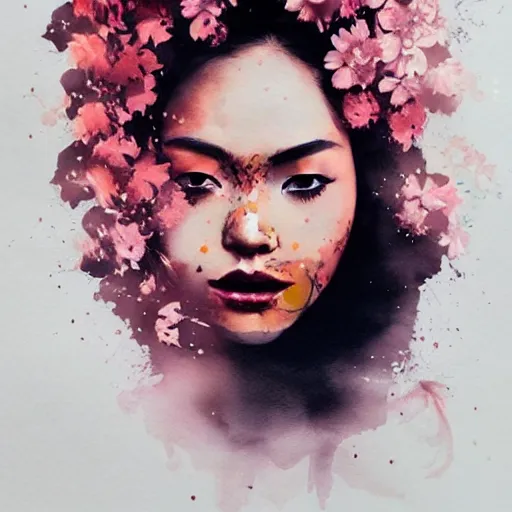 Image similar to candid portrait of very beautiful young filipino woman, surrounded by dramatic swirling smoke and flowers, dark background, by conrad roset, watercolor trending on artstation