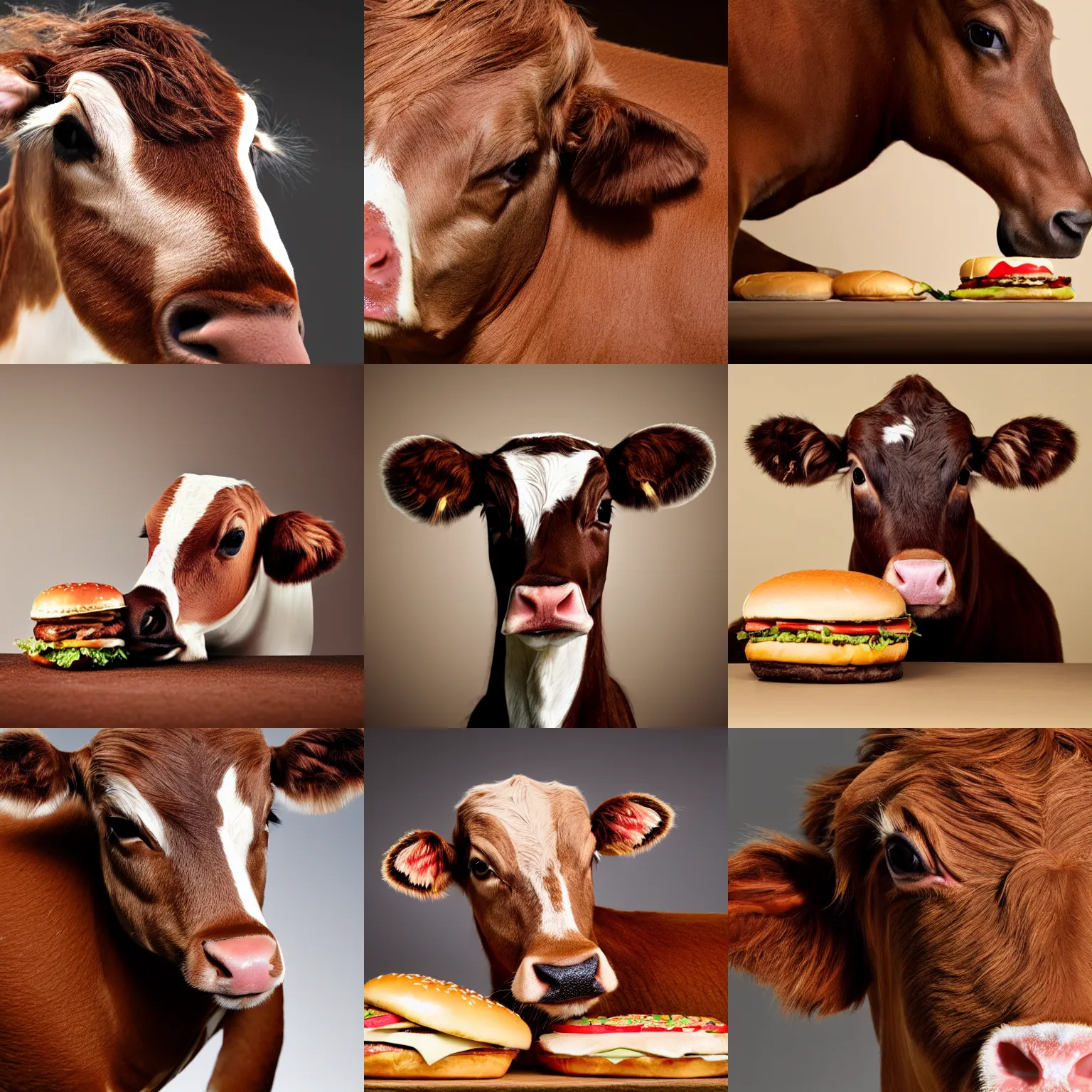 Prompt: a brown calf animal resting his head on a hamburger, photorealistic, studio lighting