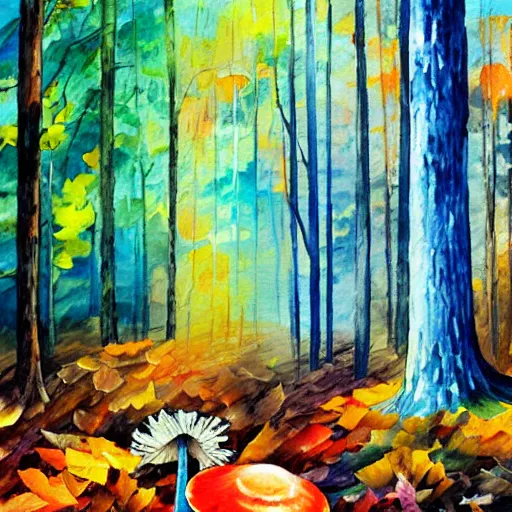 Prompt: A watercolor painting by Afremov of a psychedelic orange and blue mushroom growing on the ground in the middle of a forest.