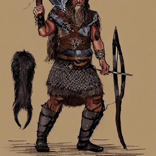 Image similar to full face and body character design reference art of Eoghaill of the Murine Hordes, a male La Tene Culture Celtic chieftain and warrior, resplendent and proud of bearing, long black hair, hirsute and muscled, wielding a Celtic longsword. Has a rat familiar. high quality, high detail, realistic gouache illustration, in the style of: Angus McBride, Mike Mignola, Jean Giraud, Alex Ross, and Michael William Kaluta. photorealistic character render.