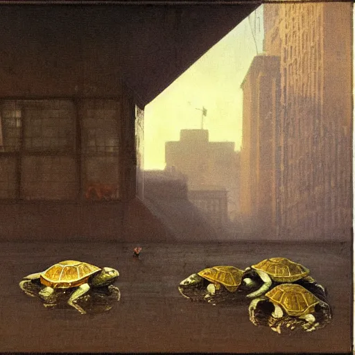 Image similar to turtles in burning fiat city, by Michael Sowa