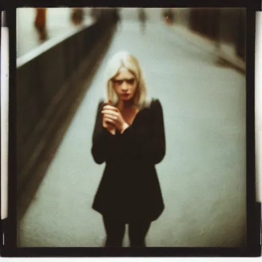 Prompt: a beautiful instant photograph of a woman smoking in the streets, polaroid, rule of thirds, light leak, raw, black clothing