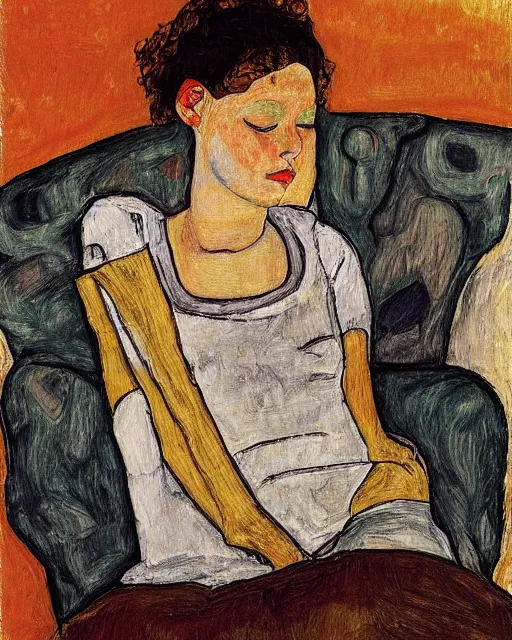 Image similar to portrait of young female on the sofa reading from ipad, in the style of Egon Schiele