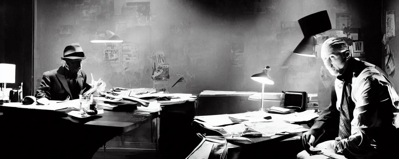 Image similar to film noir detective sitting in the dark at his desk, contrast lighting, black and white, by Frank Miller