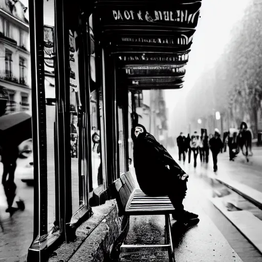 Image similar to black and white fashion photograph, highly detailed portrait of a depressed white drug dealer sitting on a bench on a busy Paris street, looking into camera, eye contact, natural light, rain, mist, lomo, fashion photography, film grain, soft vignette, sigma 85mm f/1.4 1/10 sec shutter