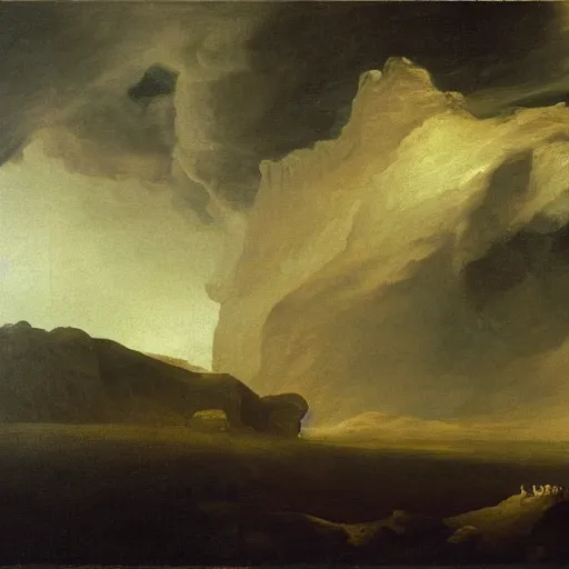 Prompt: goya the colossus painting, giant on the horizon, colossus in background, made of stone, atmospheric haze, stormy, tundra, hudson river school, princess in foreground, large scale