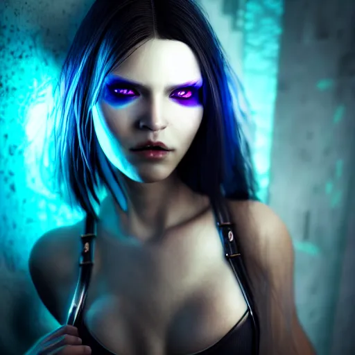 Image similar to realistic detailed portrait of Cyberpunk woman, portrait, long dark hair, Cyberpunk, Sci-Fi, science fantasy, glowing skin, full body, beautiful girl, extremely detailed, sharp focus, model