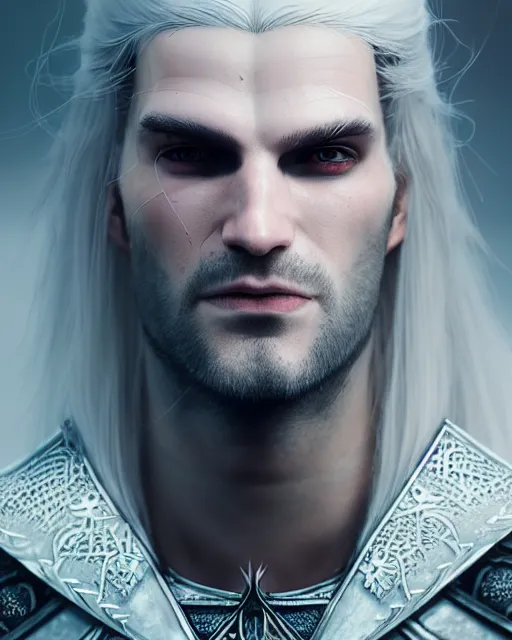 Prompt: male portrait, handsome, detailed white long hair, intricate assasin armor, the witcher, complex 3 d render by ilya kuvshinov, peter mohrbacher, greg rutkowski, ryohei hase, dramatic lighting, intricate, highly detailed, sharp focus, luminous, unreal engine, blender, artstation, masterpiece, ray tracing