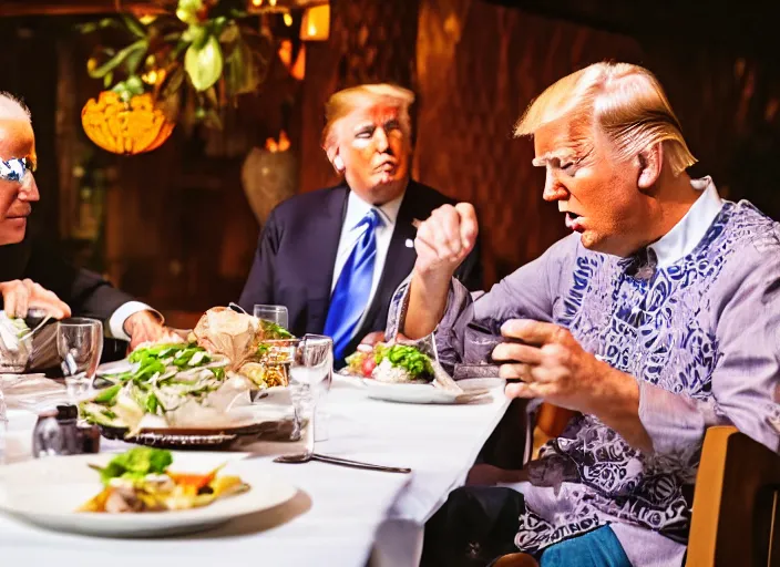 Image similar to Trump and Biden having dinner at a fancy Balinese restaurant, award winning cinematic photography, sigma 85mm Lens F/1.4, blurred background, perfect faces