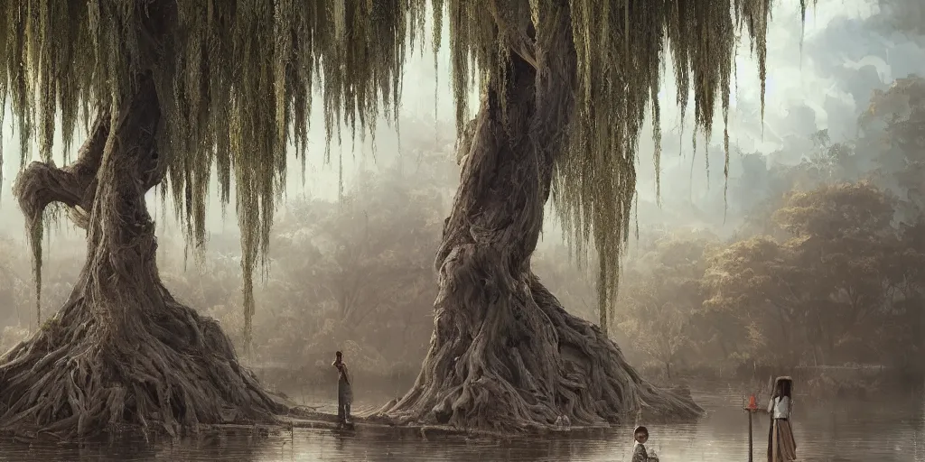 Prompt: willow tree, matte oil painting, very detailed, hyperrealistic, cinematic, breathtaking, detailed painterly digital art style by Tim Okamura, Studio Ghibli, Dan Mumford, James Jean, 8k octane beautifully detailed render, post-processing, epic composition, cinematic lighting, trending on artstation, vibrant colors, masterpiece