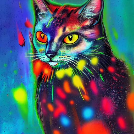 Prompt: portrait of cyberpunk cat, colorful, splatters, by ute osterwalder