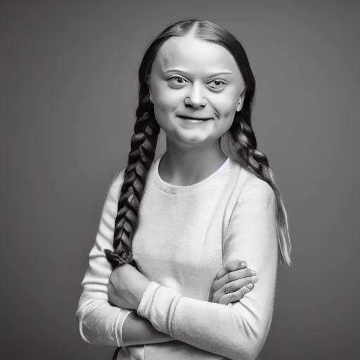 Image similar to Greta Thunberg smiling, photoshoot, 30mm, Taken with a Pentax1000, studio lighting