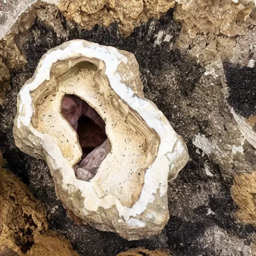 Prompt: dinosaur bones in a geode