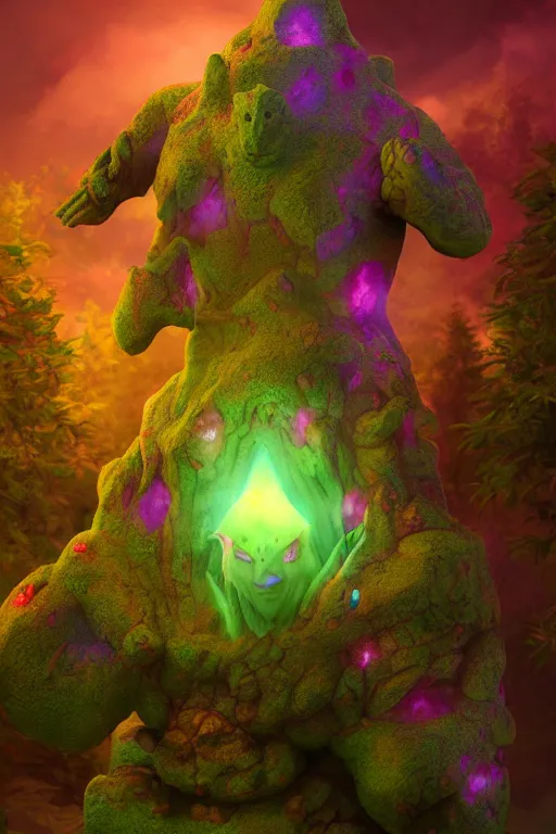 Image similar to arcane fantasy art giant golem elemental wood rock bastion forged gemstone enchanted forest troll, global illumination ray tracing hdr fanart arstation by sung choi and eric pfeiffer and gabriel garza and casper konefal lisa frank zbrush central hardmesh radiating a glowing aura