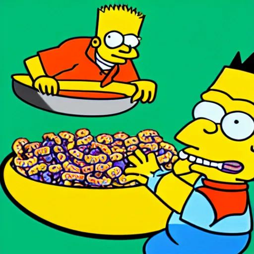 Prompt: “Bart Simpson as a real boy eating Fruit Loops”