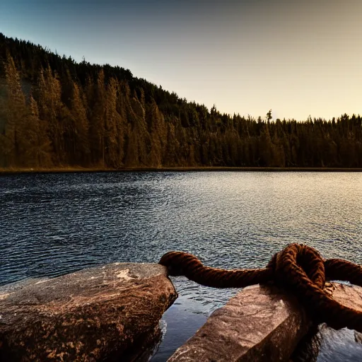 Image similar to cinematic wide shot of a lake with rope floating in the middle, a rocky foreground, sunset, a bundle of rope is in the center of the lake, eerie vibe, leica, 2 4 mm lens, 3 5 mm kodak film, f / 2 2, anamorphic