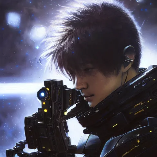 Image similar to award winning, extremely photorealistic, bokeh, beautiful detail, stars in the sky, cybernetic, sci-fi space game art, jeon Jungkook holding a gun. Photoreal, alien planet art by Akihito Yoshitomi AND Yoji Shinkawa AND Greg Rutkowski, Mark Arian trending on artstation