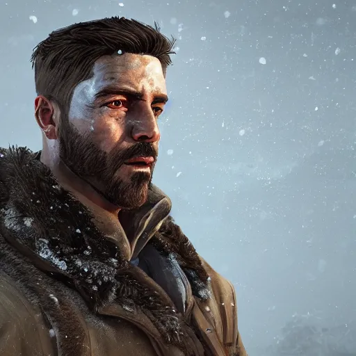 Image similar to A comic book style portrait painting of a male sheriff in a a post apocalyptic winter landscape, unreal 5, DAZ, hyperrealistic, octane render, RPG portrait, ambient light, dynamic lighting