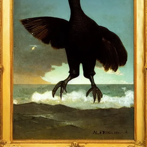 Image similar to huge dodo bird with its feet standing in the ocean, painting by albert bierstadt and winslow homer, highly detailed