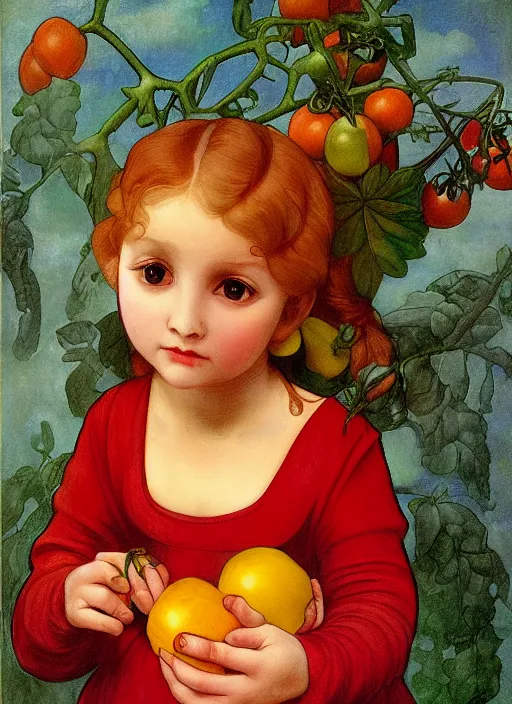 Prompt: Girl with a tomato, in the style of Raphael and Mark Ryden and Alphonse Mucha,