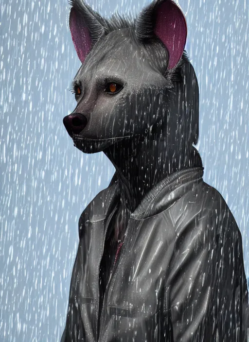 Prompt: digital artwork of anthromorphic hyena female, fursona, furry fandom, rainy cyberpunk setting, anthro, wearing large raincoat, detailed face,