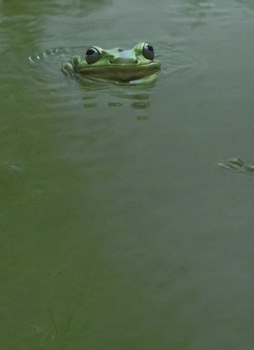 Image similar to semi translucent smiling frog amphibian hovering over misty lake in Jesus Christ pose, cinematic shot by Andrei Tarkovsky, paranormal, spiritual, mystical
