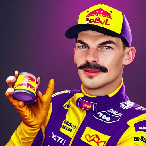 Prompt: Portrait of Max Verstappen as Waluigi in purple red bull suit, formula 1, studio lighting, model, HDR, 24MP, fantasy, high detail, elegant, digital painting, natural light, vibrant, intricate, textured skin, highly detailed, artstation, sharp, focus, illustration, Anna Dittmann, Ilya Kuvshinov, Nikolay Makovsky