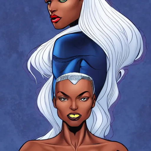 Prompt: Portrait of Ororo Munroe, a beautiful African woman in her 30s, with white hair and piercing blue eyes, symmetrical face, detailed face, gentle face, kind expression, heroic, graphic novel, art by Pepe Larraz,