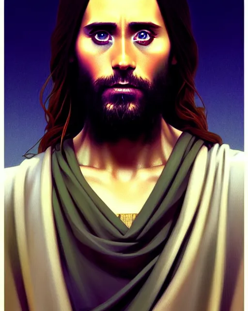 Prompt: stylized jared leto as jesus christ, moody cinematic colors, one single head, realistic shaded, fine details, realistic shaded lighting poster by ilya kuvshinov, magali villeneuve, artgerm, jeremy lipkin and michael garmash and rob rey