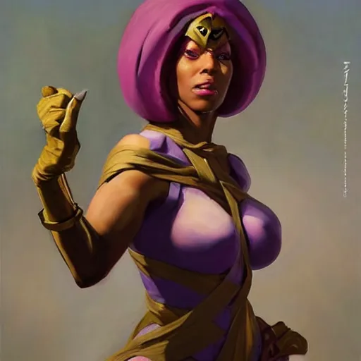 Image similar to greg manchess portrait painting of partially armored menat from street fighter as overwatch character, medium shot, asymmetrical, profile picture, organic painting, sunny day, matte painting, bold shapes, hard edges, street art, trending on artstation, by huang guangjian and gil elvgren and greg rutkowski