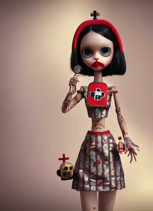 Image similar to closeup profile portrait of tin toy goth nurse, bikini, depth of field, zeiss lens, detailed, symmetrical, centered, fashion photoshoot, by nicoletta ceccoli, mark ryden, lostfish, breathtaking, 8 k resolution, extremely detailed, beautiful, establishing shot, artistic, hyperrealistic, octane render