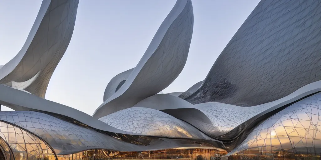 Image similar to extremely elegant smooth detailed stunning sophisticated beautiful elegant futuristic museum exterior by Zaha Hadid, Milan buildings in the background, smooth curvilinear design, stunning volumetric light, stainless steal, concrete, translucent material, beautiful sunset, tail lights