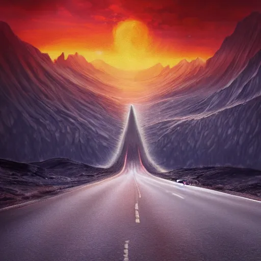 Image similar to the road to mordor, artstation hall of fame gallery, editors choice, #1 digital painting of all time, most beautiful image ever created, emotionally evocative, greatest art ever made, lifetime achievement magnum opus masterpiece, the most amazing breathtaking image with the deepest message ever painted, a thing of beauty beyond imagination or words