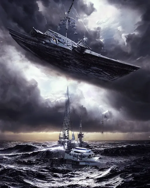 Image similar to a fishing boat on stormy seas, a gigantic star destroyer spaceship flying overhead, the gigantic star destroyer spaceship is emerging from storm clouds, sunset lighting, stormy weather, dramatic lighting, unreal engine, hyper realism, realistic shading, cinematic composition, realistic render, octane render, detailed textures, photorealistic, ultrawide shot, 1 6 mm lens