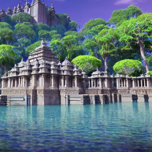 Prompt: 4 k unreal engine render of an ancient never seen before indian high detail palace and temple islands. complex architecture with intricate aetheral pilars. high detailed water. jungle background. afternoon light. hyper realistic render, digital illustration, trending on art station