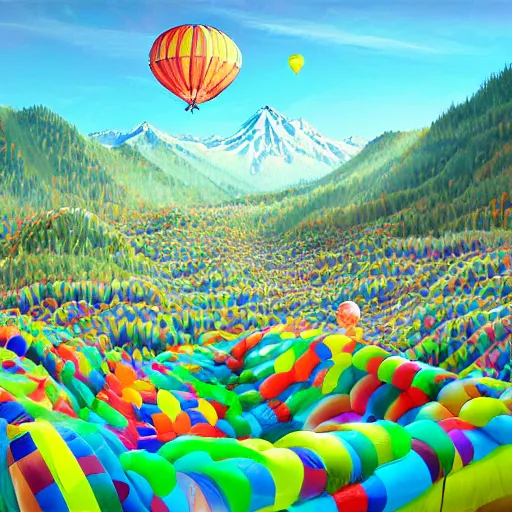 Image similar to inflatable landscape with forest, river and mountains in the middle of the frame colossal balloon surrounded by colorful ribbons and party confetti , concept art, huge scale, high detail, sci fi by James Jean