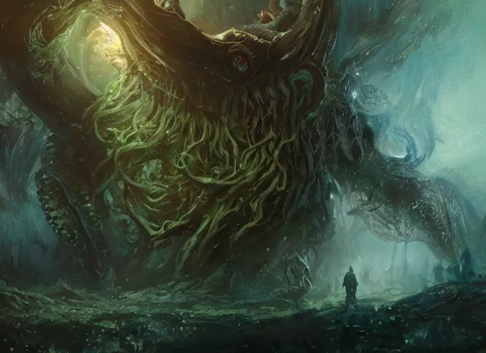 Image similar to my children bed with a giant cthulhu eyes in the night star forest by gaston bussiere, anna nikonova aka newmilky, greg rutkowski, yoji shinkawa, yoshitaka amano, donato giancola, geoffroy thoorens, trending on artstation, featured on pixiv, cinematic composition