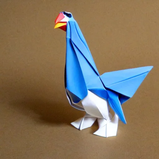 Prompt: beautiful, glorious porcelain origami chicken emperor, blue and silver colors, 3 d rtx hd