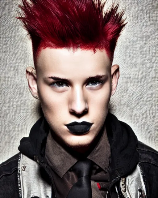 Prompt: young man with a short red dyed mohawk, red eyes and a slim face, dressed in punk clothing, headshot photo, attractive, handsome, in color, no makeup, model