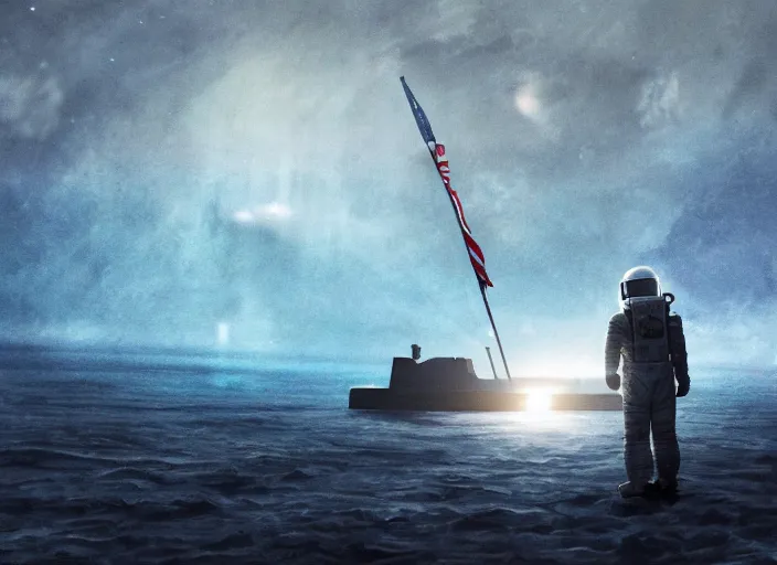 Image similar to astronaut holding a flag in an underwater desert. a submarine is visible in the distance. dark, concept art, cinematic, dramatic, atmospheric, 8 k, trending on artstation, blue, fish, low visibility, fog, ocean floor, christopher nolan, interstellar