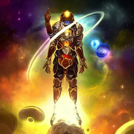 Image similar to photorealistic fantasy cosmic concept art of a cosmic god with armor made out of planets and dark matter, hovering in a unknown galaxy, fully body portrait, cinematic, dynamic lighting, ultra detailed, creative, trending on art station, stunning visuals, creative