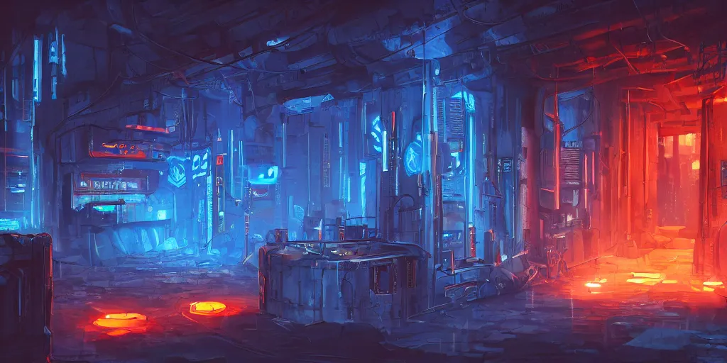 Image similar to cyberpunk dungeon, ancient caves, blue and orange neon lines along the wall, bluestone walls, trending on artstation