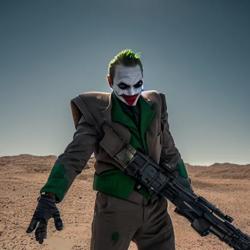 Image similar to cinematic portrait of the joker wearing t - 5 1 b power armor in the desert, 8 k, very detailed, very intricate,