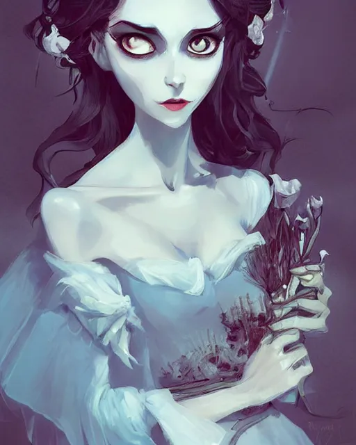 Image similar to elegant mysterious solemn zombie victoria everglot from the corpse bride, portrait, illustration, rim light, top light, summer clear blue sky, perfectly shaded, soft painting, art by krenz cushart and wenjun lin