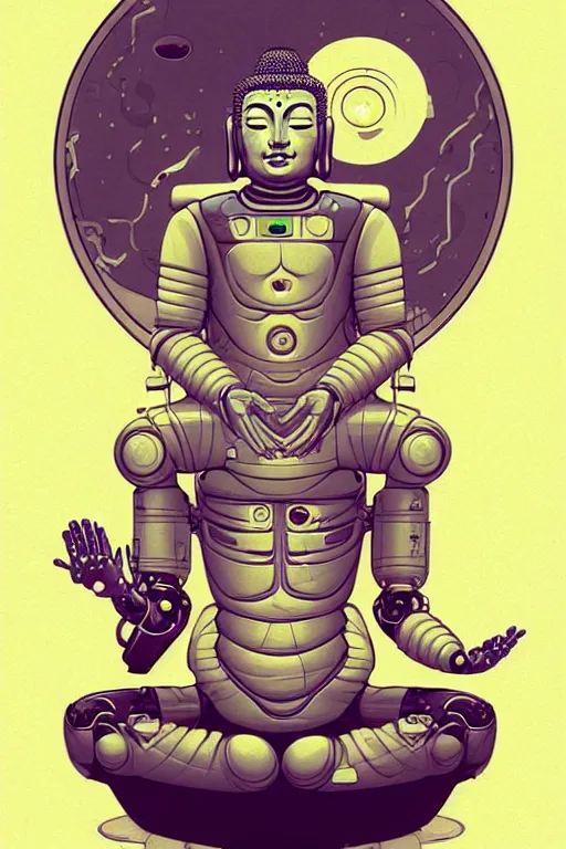 Prompt: a study of cell shaded cyborg robot astronaut buddha meditating in a lotus flower illustration, golden ratio, post grunge portrait, character concept art by josan gonzalez, james jean, Mike Mignola, Laurie Greasley, highly detailed, sharp focus, alien, Artstation, deviantart, artgem