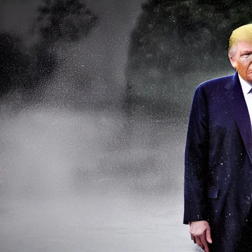 Prompt: 4 k hdr full body wide angle sony portrait of donald trump showering in a rainstorm with moody stormy overcast lighting