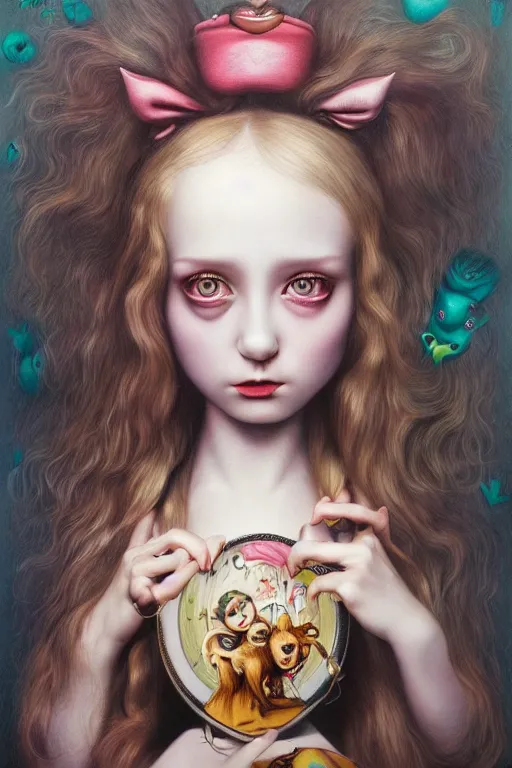 Prompt: pop surrealism, lowbrow art, realistic cute girl painting, alice in wonderland, hyper realism, muted colors, trevor brown, mark ryden style