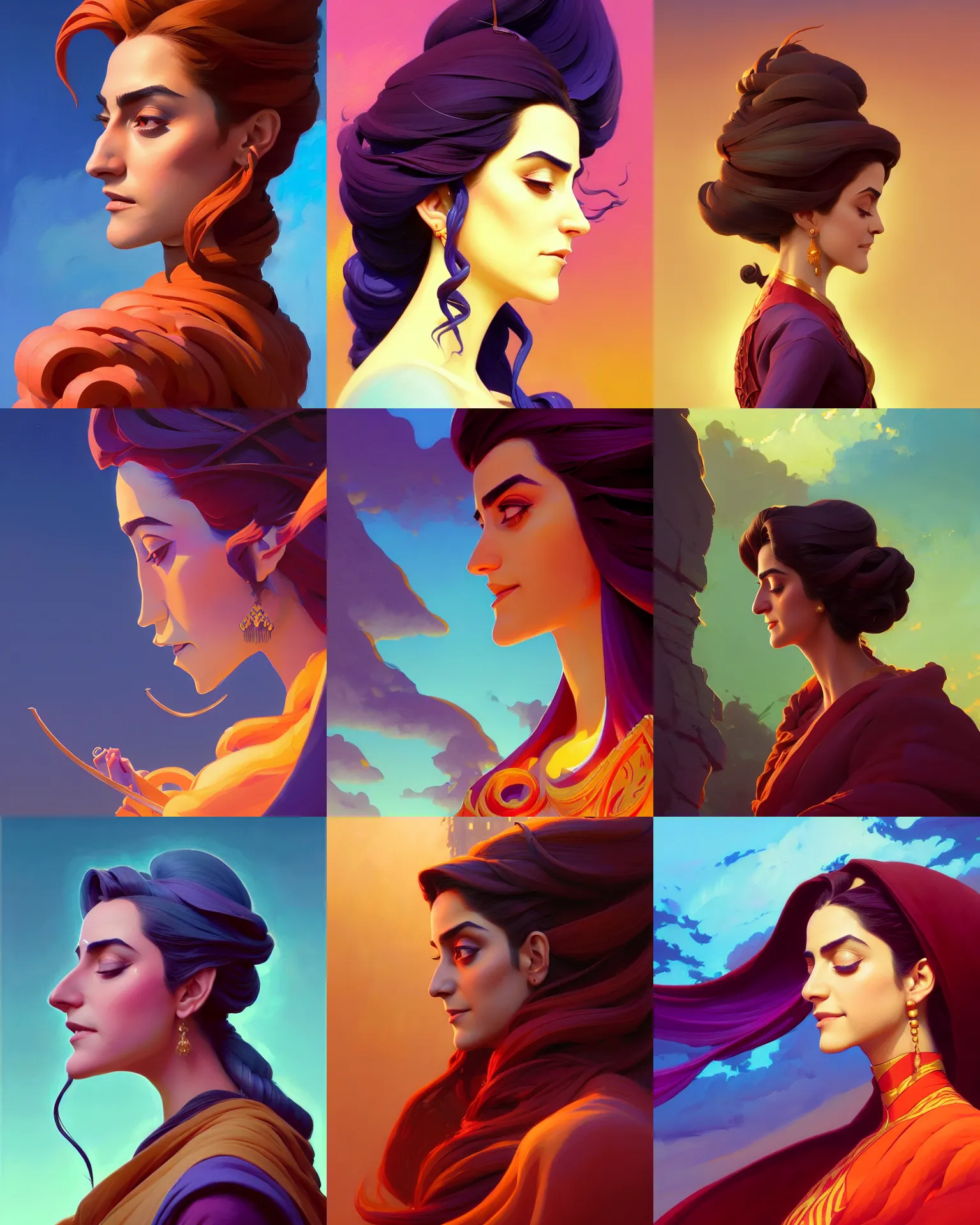 Prompt: side - profile painted portrait, maya ali as a sorcerer, specular highlights, art nouveau, smooth, fantastically gaudy colors, octane render, matte painting concept art, official fanart behance hd artstation by jesper ejsing, by rhads and makoto shinkai and lois van baarle and ilya kuvshinov and rossdraws