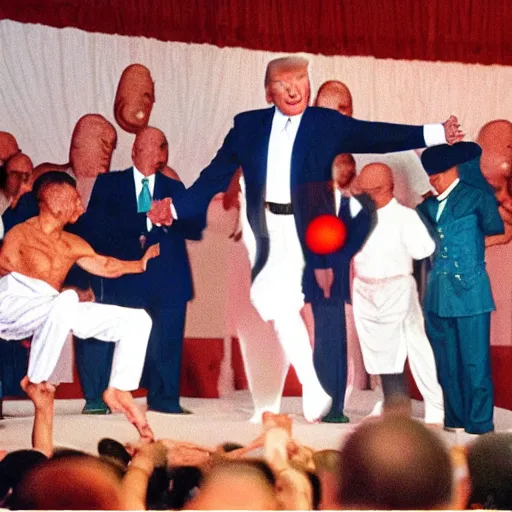 Prompt: donald trump dancing acrobatic rock with gandhi